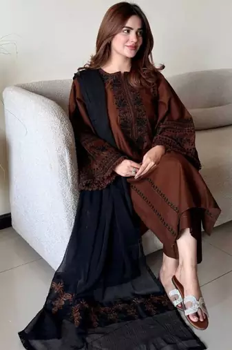 Dark brown roman silk blend thread embroidered top  bottom & dupatta set