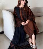 Dark brown roman silk blend thread embroidered top  bottom & dupatta set