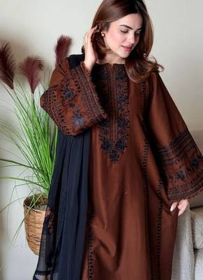 Dark brown roman silk blend thread embroidered top  bottom & dupatta set 2