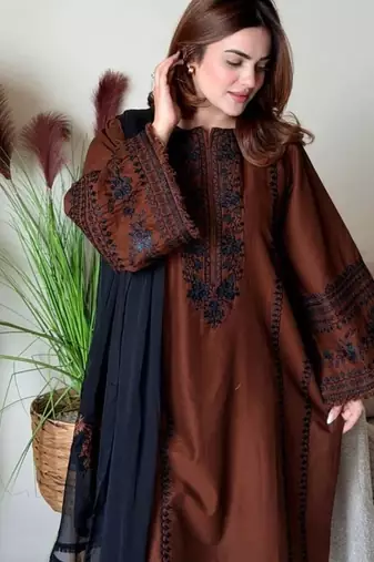 Dark brown roman silk blend thread embroidered top  bottom & dupatta set