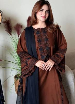 Dark brown roman silk blend thread embroidered top  bottom & dupatta set 3