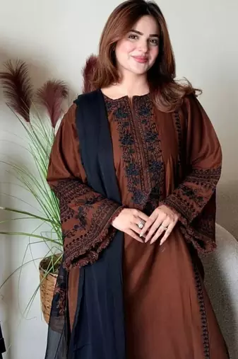 Dark brown roman silk blend thread embroidered top  bottom & dupatta set