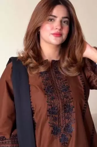 Dark brown roman silk blend thread embroidered top  bottom & dupatta set