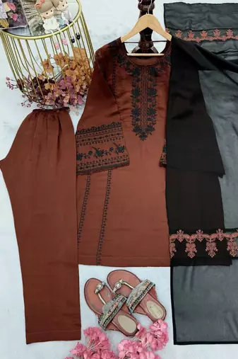 Dark brown roman silk blend thread embroidered top  bottom & dupatta set