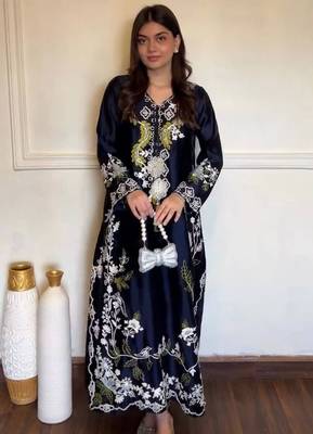 Blue satin rayon embroidered long kaftan  bottom & dupatta set 1