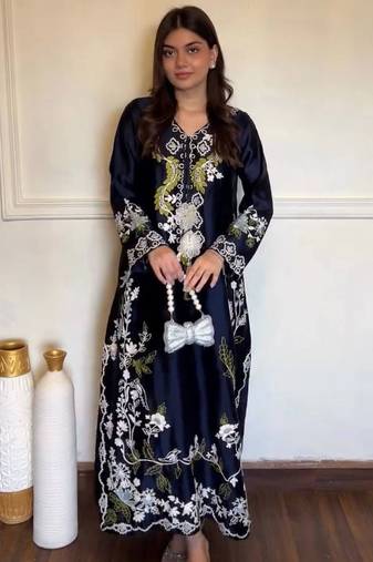 Blue satin rayon embroidered long kaftan  bottom & dupatta set