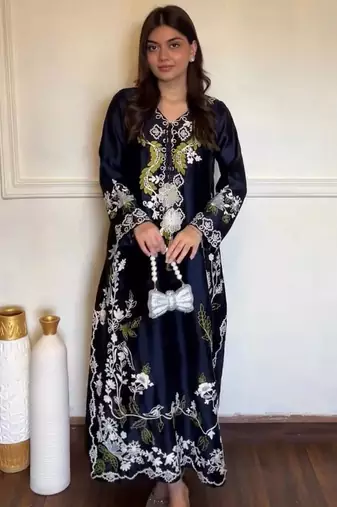 Blue satin rayon embroidered long kaftan  bottom & dupatta set
