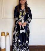 Blue satin rayon embroidered long kaftan  bottom & dupatta set