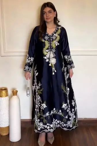 Blue satin rayon embroidered long kaftan  bottom & dupatta set