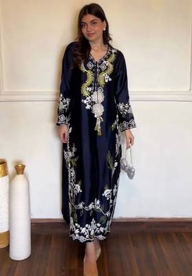 Blue satin rayon embroidered long kaftan  bottom & dupatta set 3
