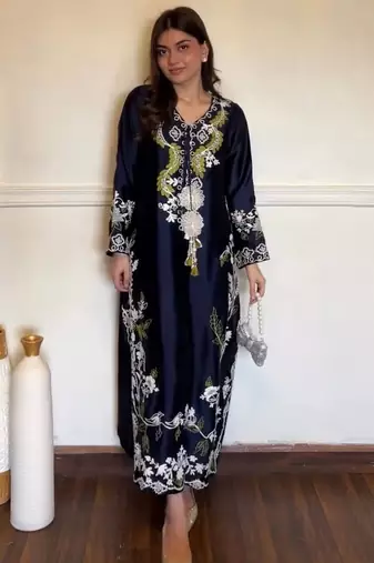 Blue satin rayon embroidered long kaftan  bottom & dupatta set
