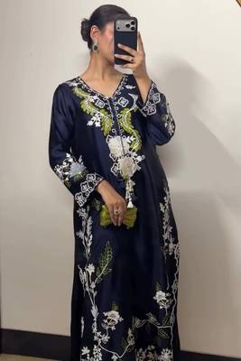 Blue satin rayon embroidered long kaftan  bottom & dupatta set 4