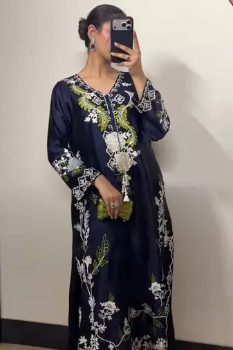 Blue satin rayon embroidered long kaftan  bottom & dupatta set