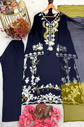 Blue satin rayon embroidered long kaftan  bottom & dupatta set