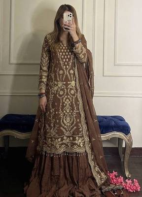 Brown faux georgette embroidered top  crushed palazzo & dupatta set 1