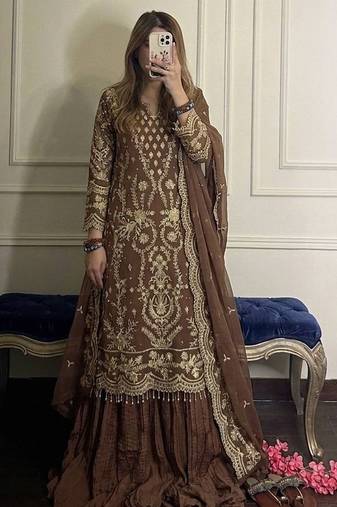 Brown faux georgette embroidered top  crushed palazzo & dupatta set