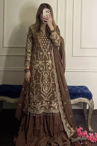 Brown faux georgette embroidered top  crushed palazzo & dupatta set