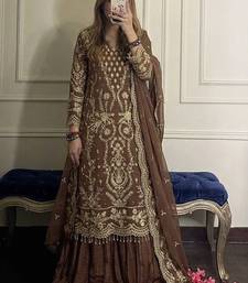 Brown faux georgette embroidered top  crushed palazzo & dupatta set