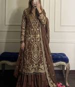 Brown faux georgette embroidered top  crushed palazzo & dupatta set