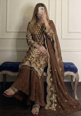 Brown faux georgette embroidered top  crushed palazzo & dupatta set 2