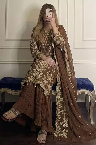 Brown faux georgette embroidered top  crushed palazzo & dupatta set