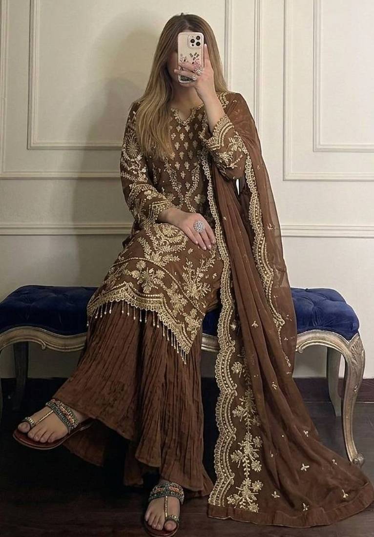Brown faux georgette embroidered top  crushed palazzo & dupatta set