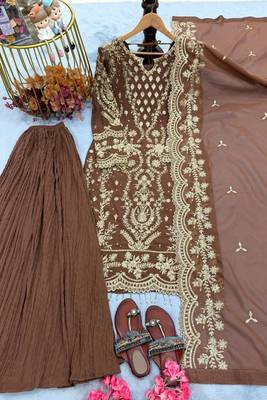 Brown faux georgette embroidered top  crushed palazzo & dupatta set 3
