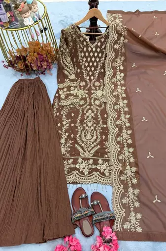 Brown faux georgette embroidered top  crushed palazzo & dupatta set