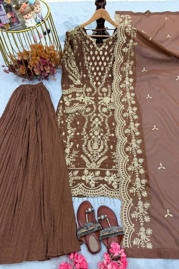 Brown faux georgette embroidered top  crushed palazzo & dupatta set