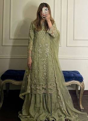 Olive green faux georgette embroidered top  crushed palazzo & dupatta set 1