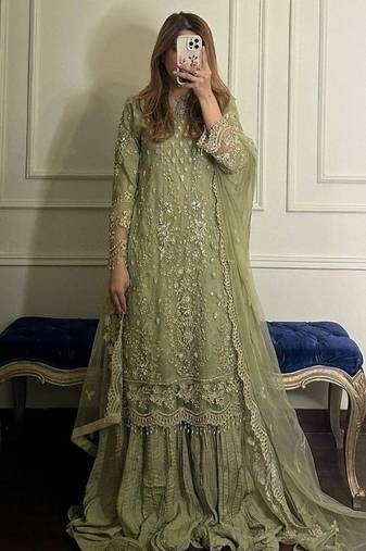 Olive green faux georgette embroidered top  crushed palazzo & dupatta set