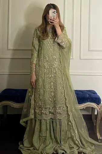 Olive green faux georgette embroidered top  crushed palazzo & dupatta set