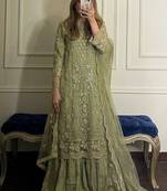 Olive green faux georgette embroidered top  crushed palazzo & dupatta set