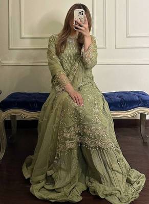 Olive green faux georgette embroidered top  crushed palazzo & dupatta set 2