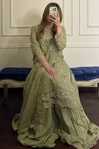 Olive green faux georgette embroidered top  crushed palazzo & dupatta set
