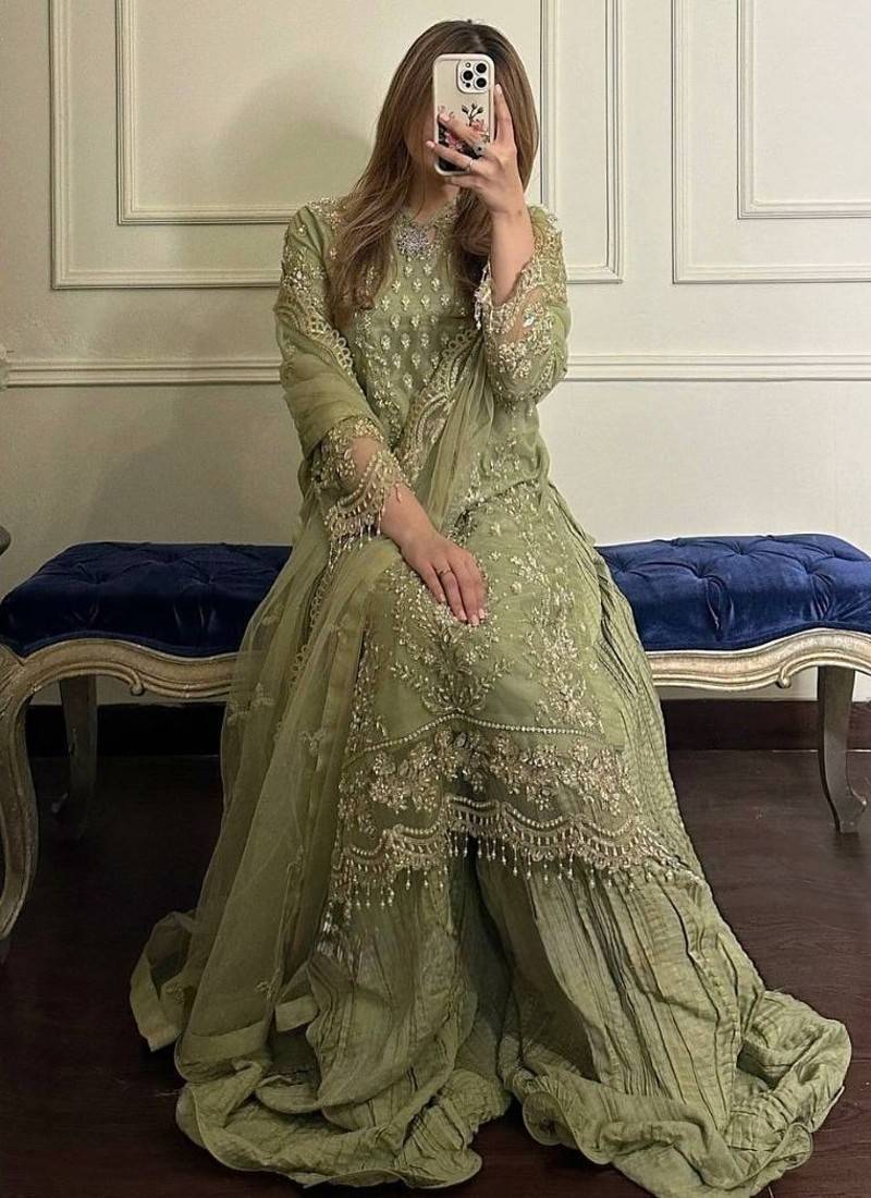 Olive green faux georgette embroidered top  crushed palazzo & dupatta set