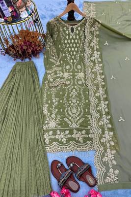 Olive green faux georgette embroidered top  crushed palazzo & dupatta set 3