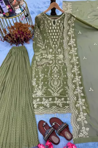Olive green faux georgette embroidered top  crushed palazzo & dupatta set