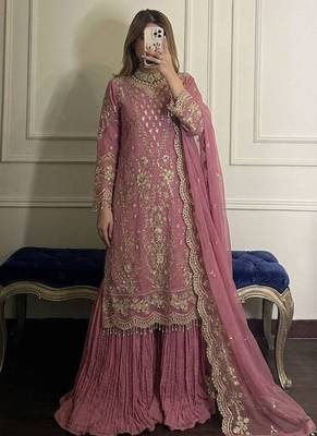Pink faux georgette embroidered top  crushed palazzo & dupatta set 1