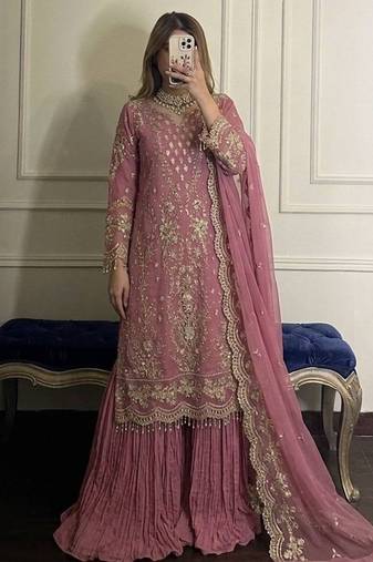 Pink faux georgette embroidered top  crushed palazzo & dupatta set