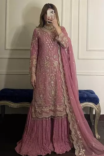 Pink faux georgette embroidered top  crushed palazzo & dupatta set