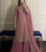 Pink faux georgette embroidered top  crushed palazzo & dupatta set