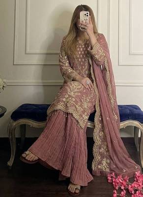 Pink faux georgette embroidered top  crushed palazzo & dupatta set 2