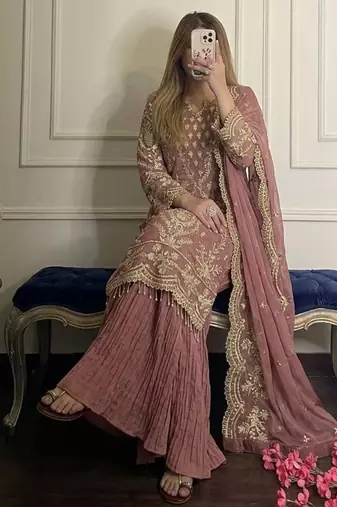 Pink faux georgette embroidered top  crushed palazzo & dupatta set