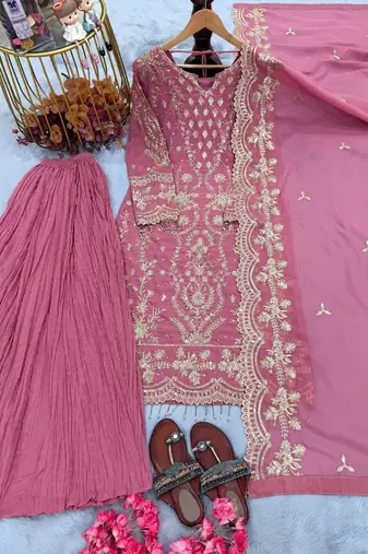 Pink faux georgette embroidered top  crushed palazzo & dupatta set