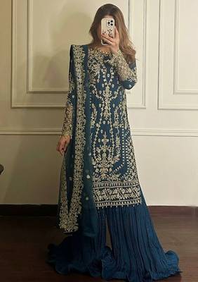 Teal blue faux georgette embroidered top  crushed palazzo & dupatta set 1