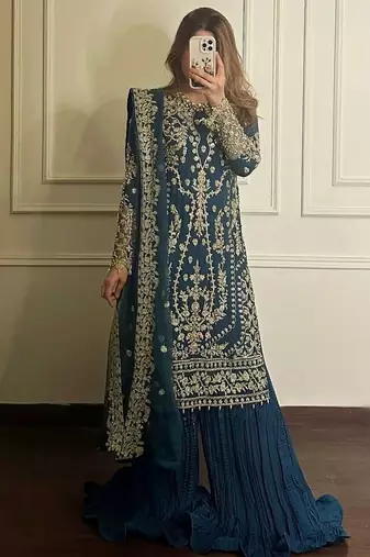 Teal blue faux georgette embroidered top  crushed palazzo & dupatta set