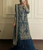 Teal blue faux georgette embroidered top  crushed palazzo & dupatta set