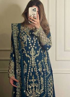 Teal blue faux georgette embroidered top  crushed palazzo & dupatta set 2