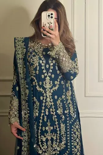 Teal blue faux georgette embroidered top  crushed palazzo & dupatta set